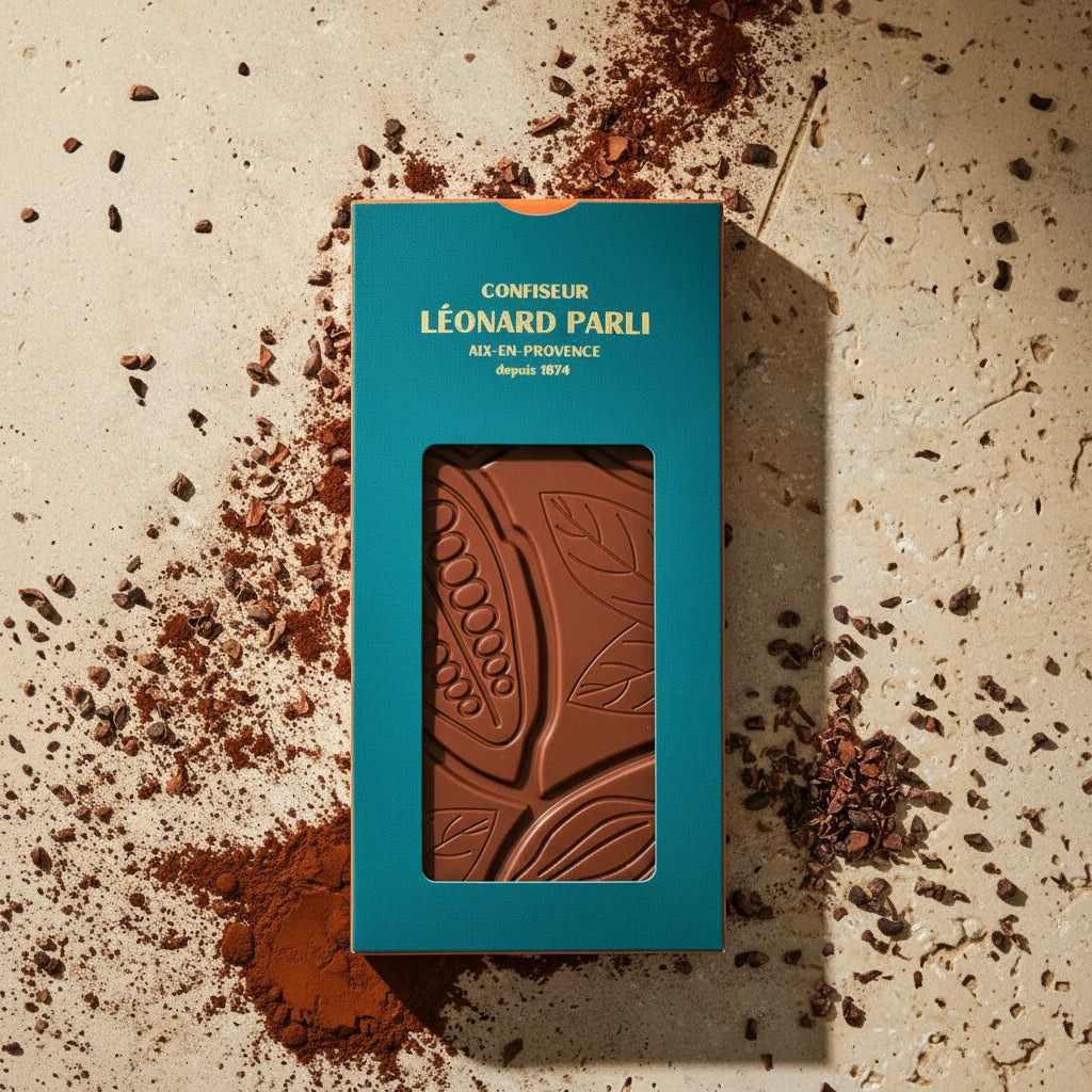 Tablette de chocolat au lait 42% BIO de 100 g de la marque Maison Molinet, origine République Dominicaine, avec emballage élégant.