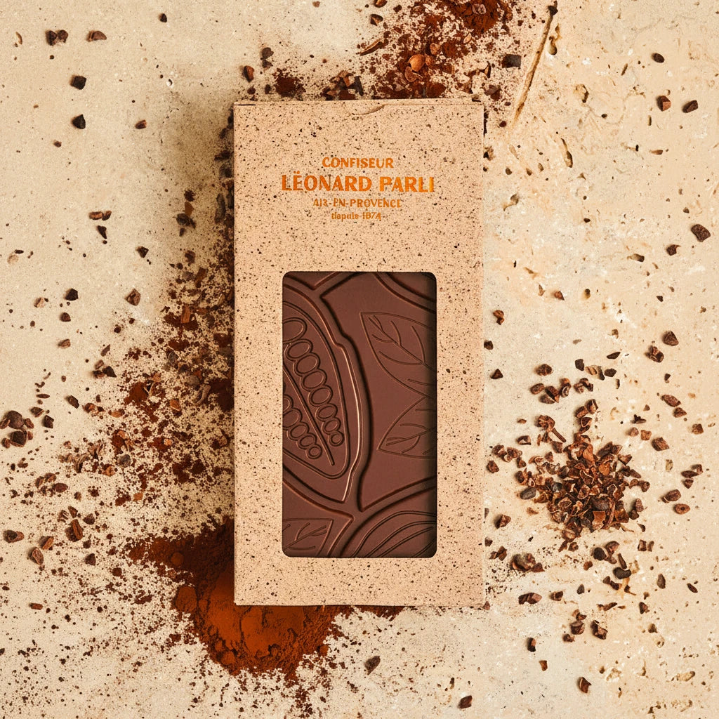 Tablette de chocolat noir bio 65% de Maison Molinet, origine Papouasie-Nouvelle-Guinée, 100 g, présentation centrale.